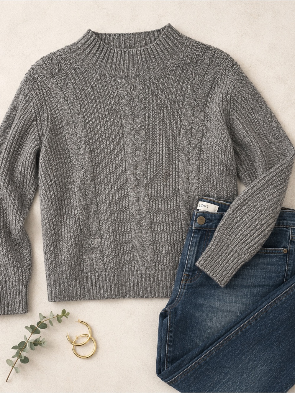 LOFT Gray Cable-Knit Mock Neck Sweater